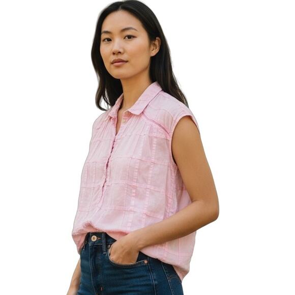 Pilcro Anthropologie Serena Surf Henley Pink Button Front Popover Blouse Medium - Picture 2 of 9